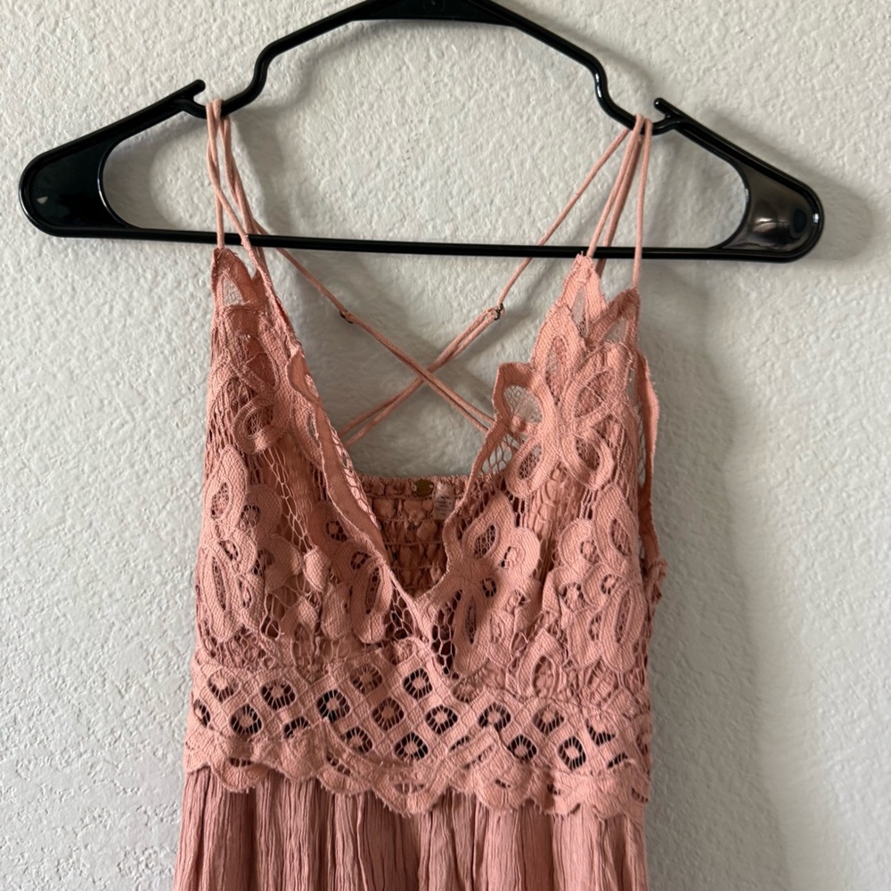 Free People Adella Maxi Floral Lace V-neck Strap Slip Back Dress Pink - Picture 4 of 6